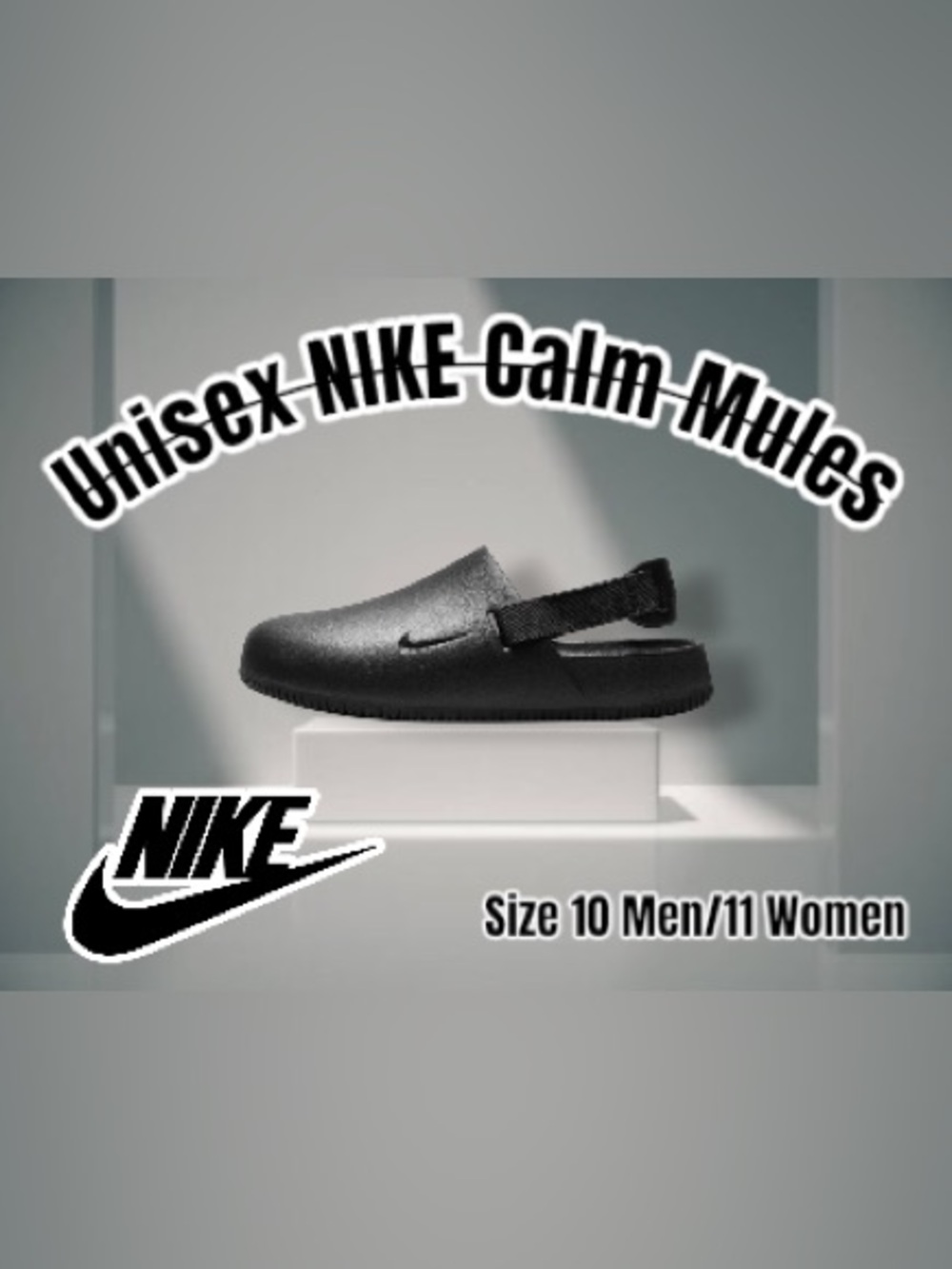 Nike Black Unisex Slip-On Calm Mule with Heel Strap, Size 10 Men / 11 Women US